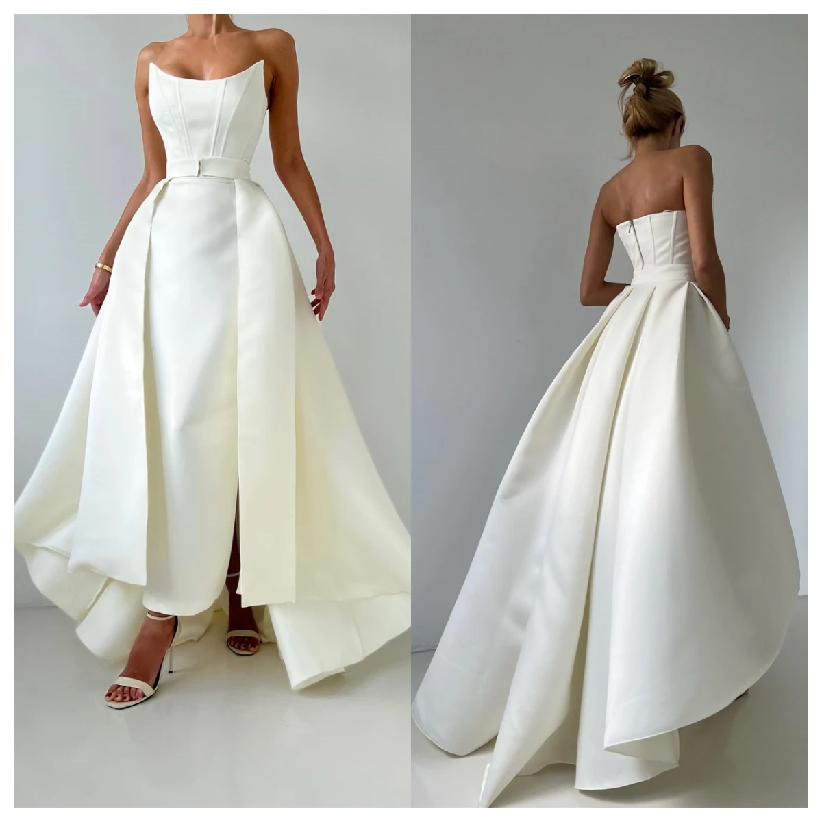

Customized Modern White Satin Evening Dress Strapless Sleeveless Celebrity Gowns Special Occasion Gowns Zipper Back Classic