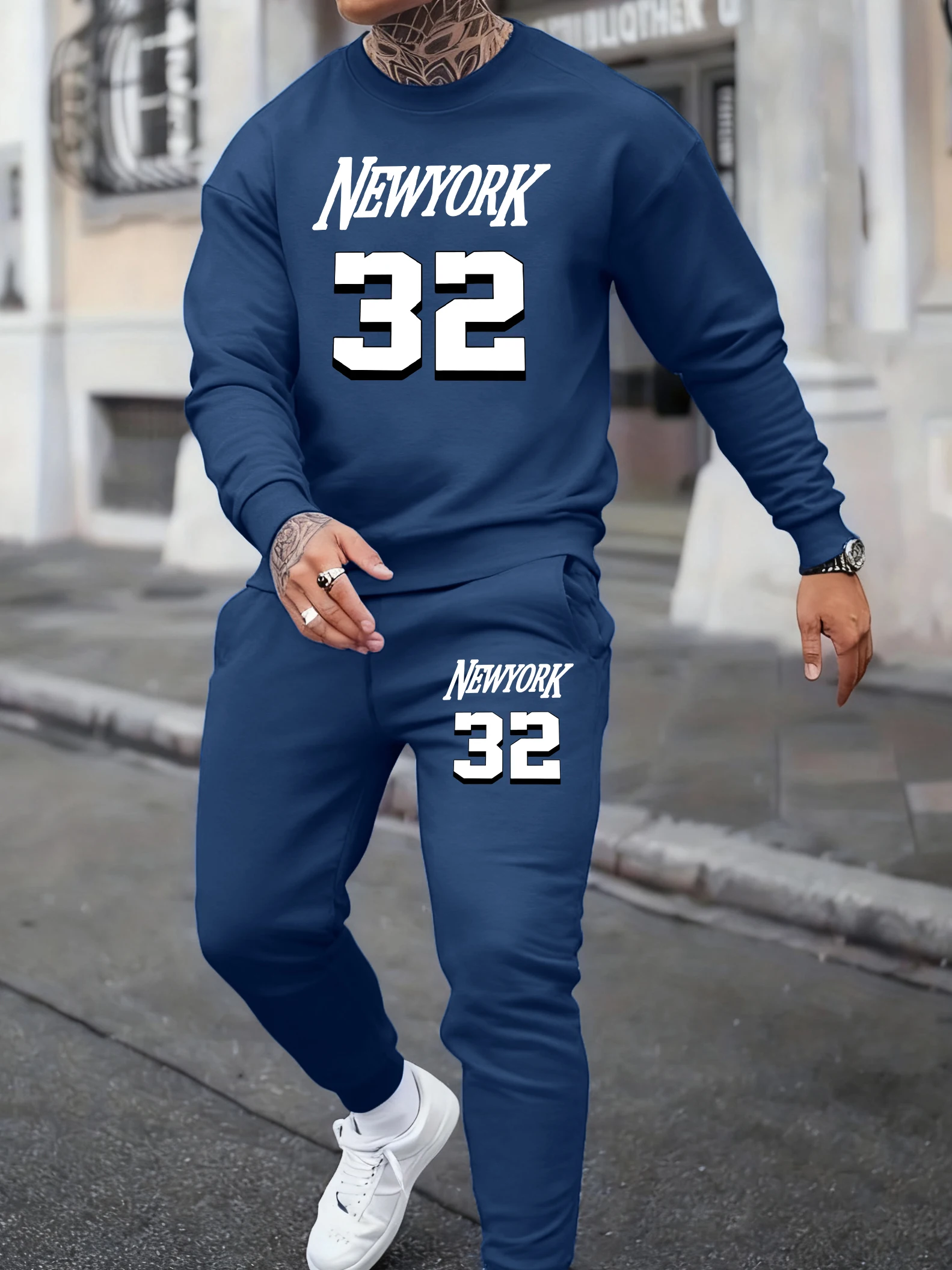 New York Creative 32 Letter Print Men Sweatshirt Set Autumn Casual Pullover Korean Loose Sweatpant Fleece Jogging Gym Tracksuits