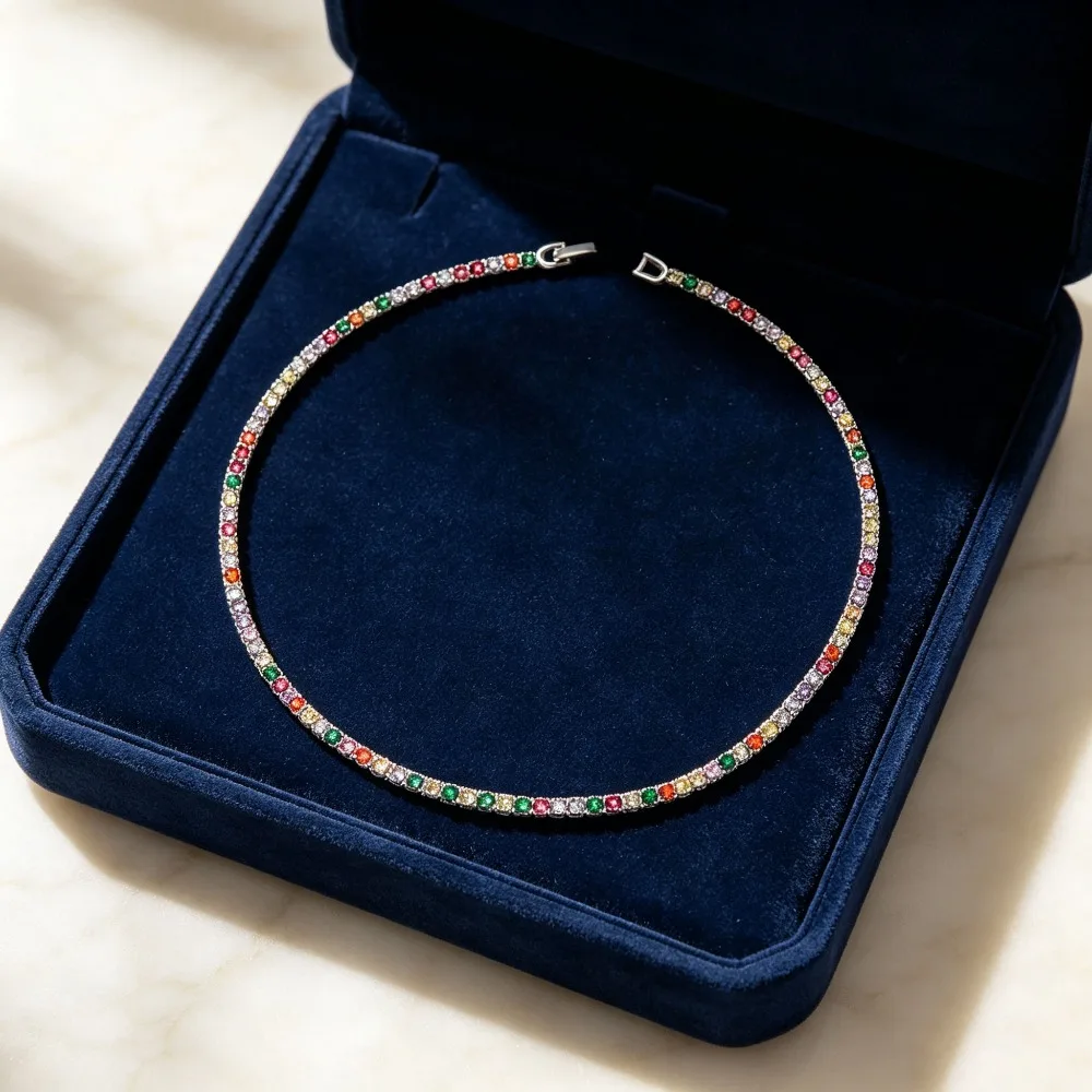 Simple style 925 sterling silver colored zirconium oxide 4mm bracelet and necklace set - fashionable holiday gift