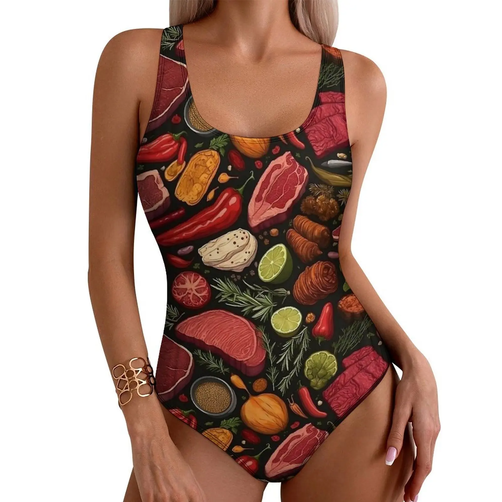 Meat And Spice Food Print Swimsuit Sexy  Ladies Swimwear One Piece Retro Bodysuit Holiday Rave Push Up Hollow Out Bathing Suit