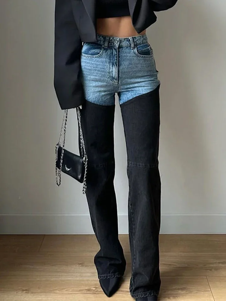 Y2K جينز مرقع للنساء مستقيم عالي الخصر وسحاب جيوب طويلة الدينيم السراويل 2025 ربيع سيدة موضة شارع العليا بنطلون #6