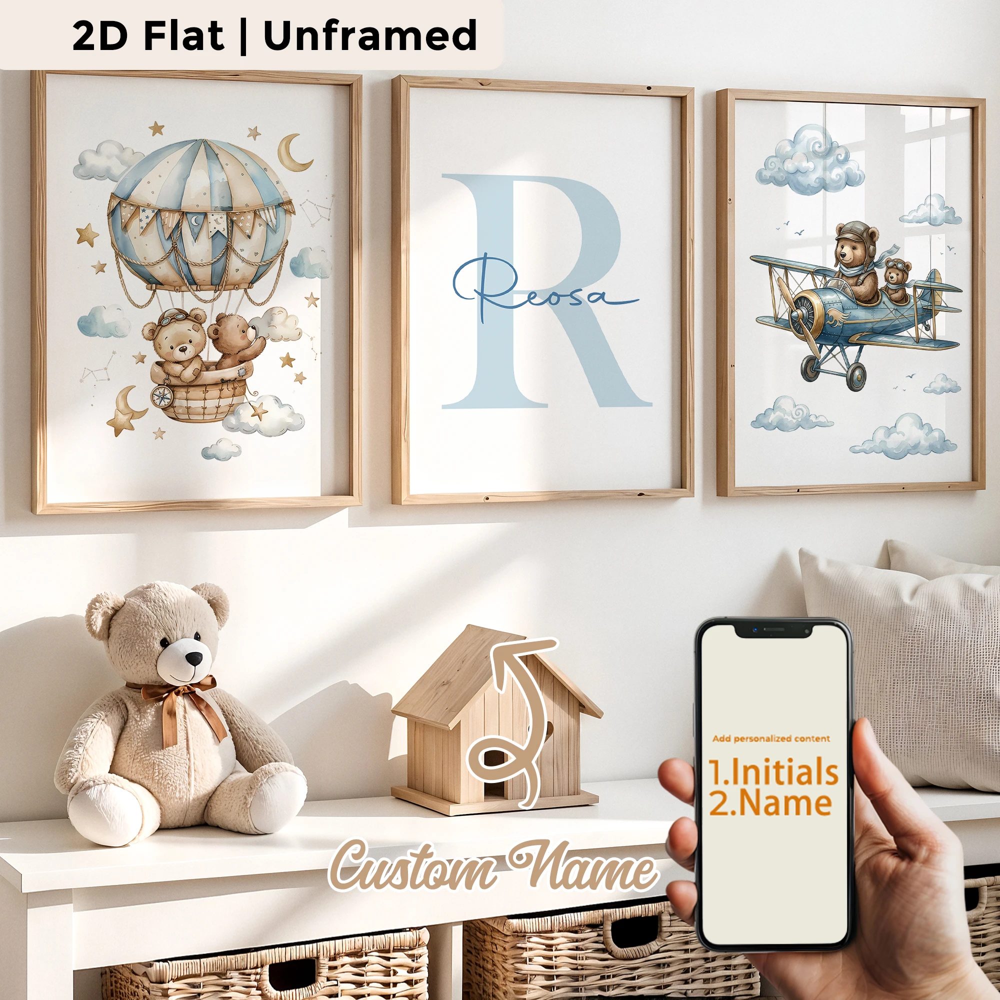 3pcs Personalized Custom Name Blue Brown Bear Wall Art Print Picture Canvas Poster Painting For Living Room Home Decor