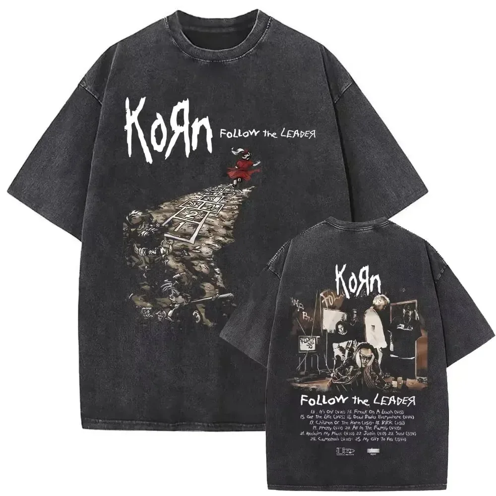 Hot Selling Rock Band Korn Classic Poster Print Vintage Washed Cotton T-Shirt, New Summer Loose Casual Plus Size Tops