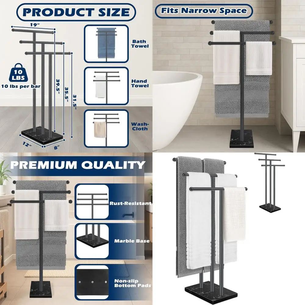

3-Tier Freestanding Towel Rack, 40 Tall, with Marble Base, Black for Bathroom