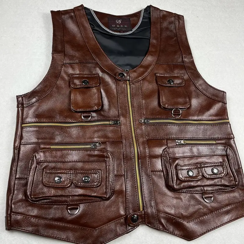 2024 Cowhide Genuine Leather Man Vest Waistcoat Male clothing Jacket Thick Motorcycle Multi Pocket leather biker Men safety vest