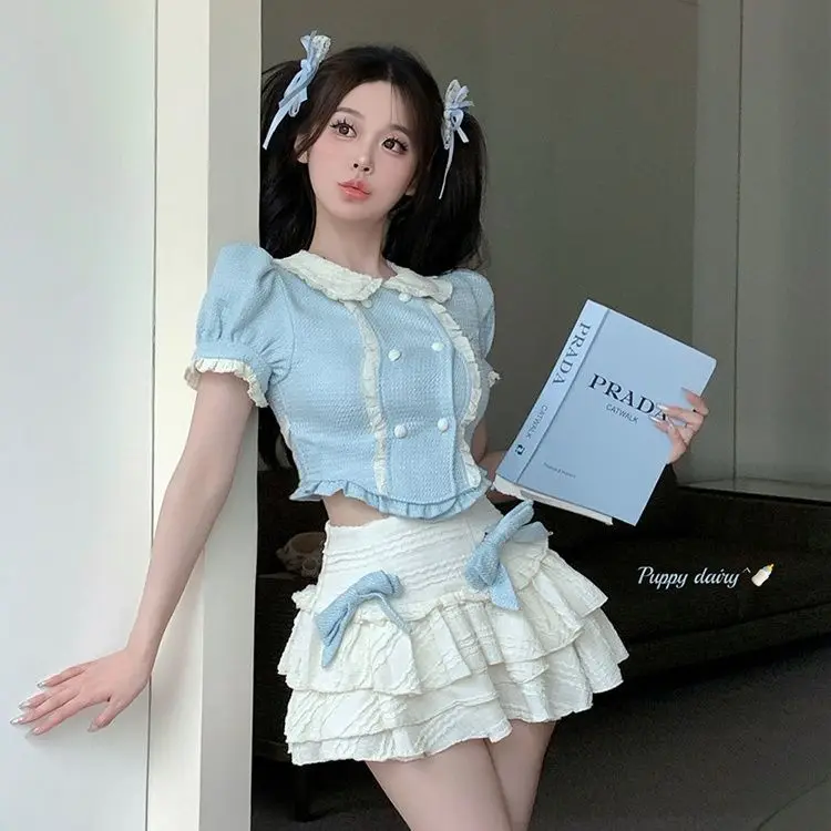 

New College Sweet Girl Style Fashionable High-end Designed Niche Temperature Baby Collar Top and Short Puffy Skirt for Women