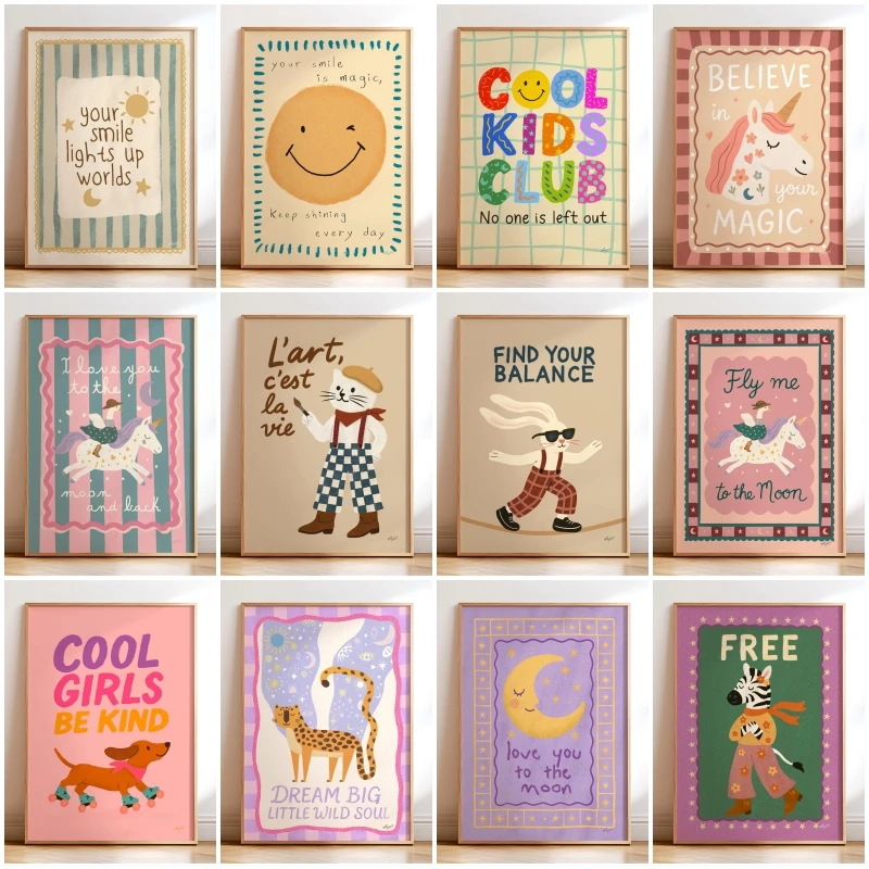 Pôster Decorativo Motivacional Boho para Quarto Infantil, Impressão em Tela com Ilustração de Animais Fofos, Arte de Parede para Decoração de Casa