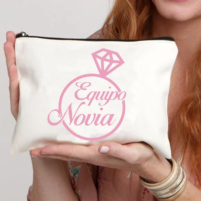 Spanish Team Bride Makeup Bag Bridesmaid Maid of Honor Holiday Canvas Monogram Cosmetic Pouch Wedding Bachelorette Party Gift