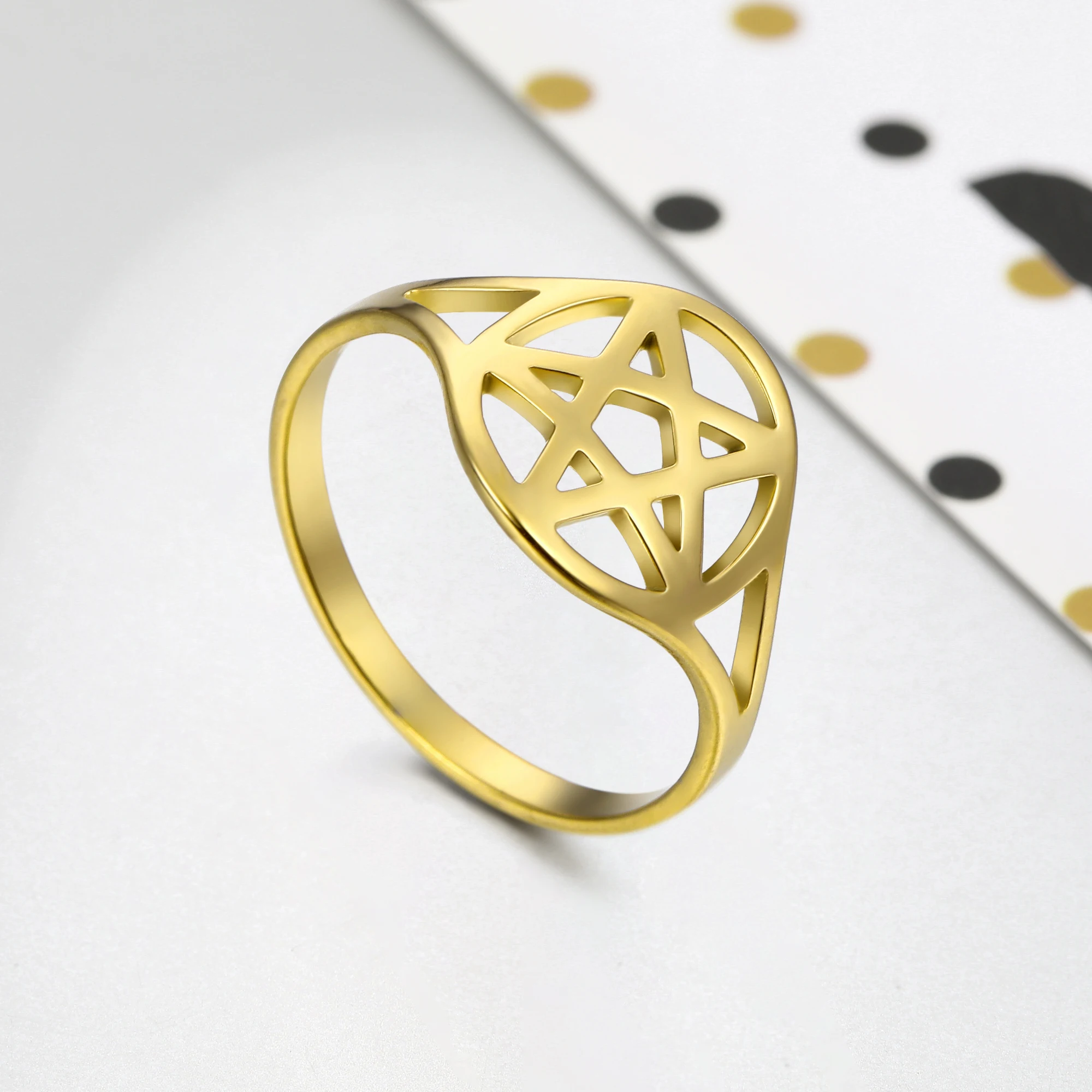 Amaxer Stainless Steel Jewish Star of David Ring Hollow Gold Color  for Women Witch Knot Symbol Jewelry Christmas Gift