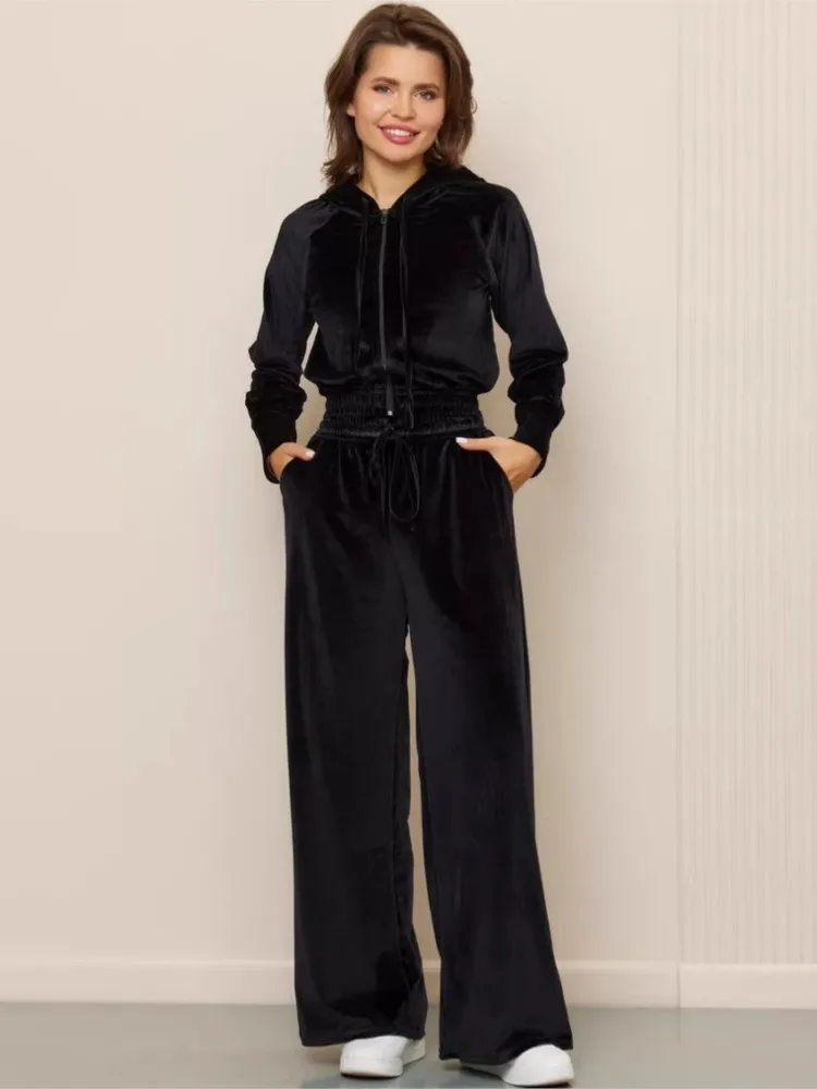 Mode casual damespak herfst winter tweedelige set lange mouw effen kleur fluwelen sweatshirt met capuchon en broek sportoutfits