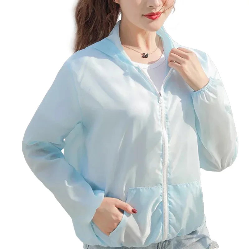 Summer Women Ultra-Thin Shirts Solid Loose Long Sleeve Jacket Sun Protection Blouse With Pocket Outdoor Hiking Zipper Coat Tops