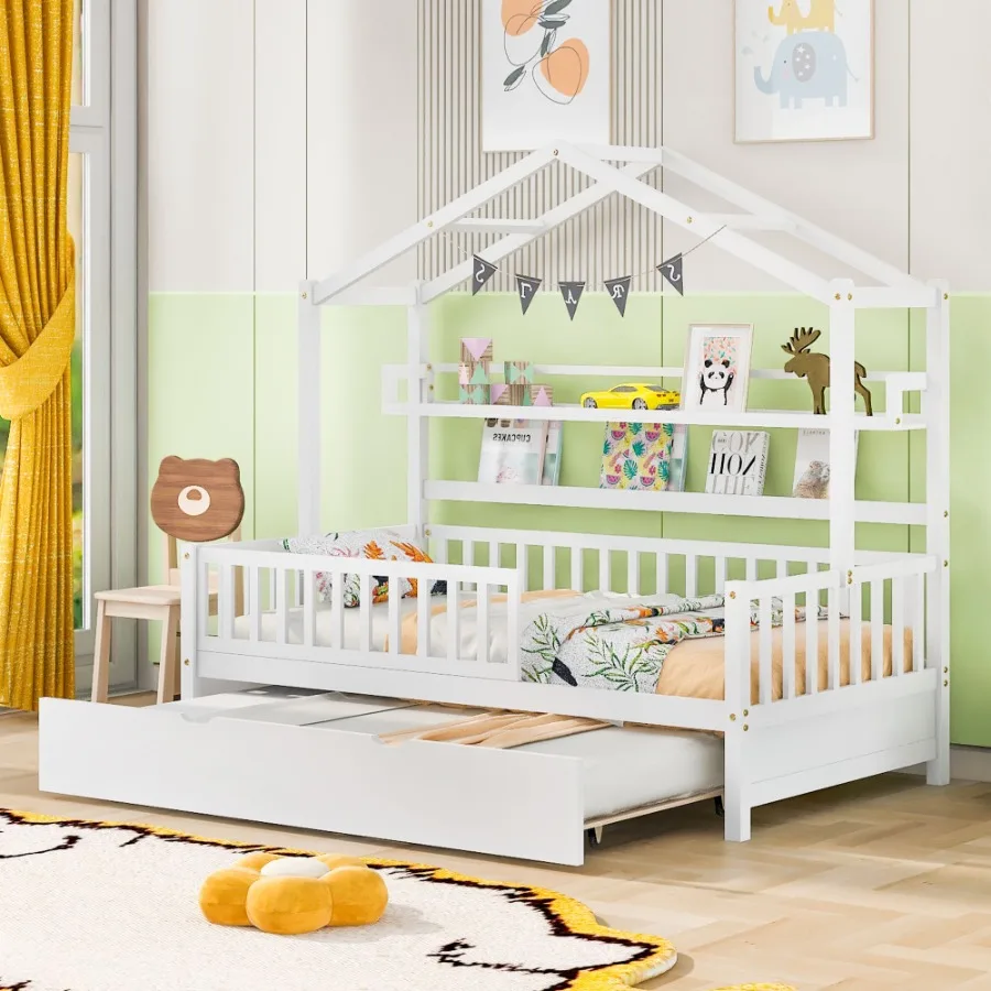 

Wooden Twin Size House Bed with Trundle Bed with Shelf