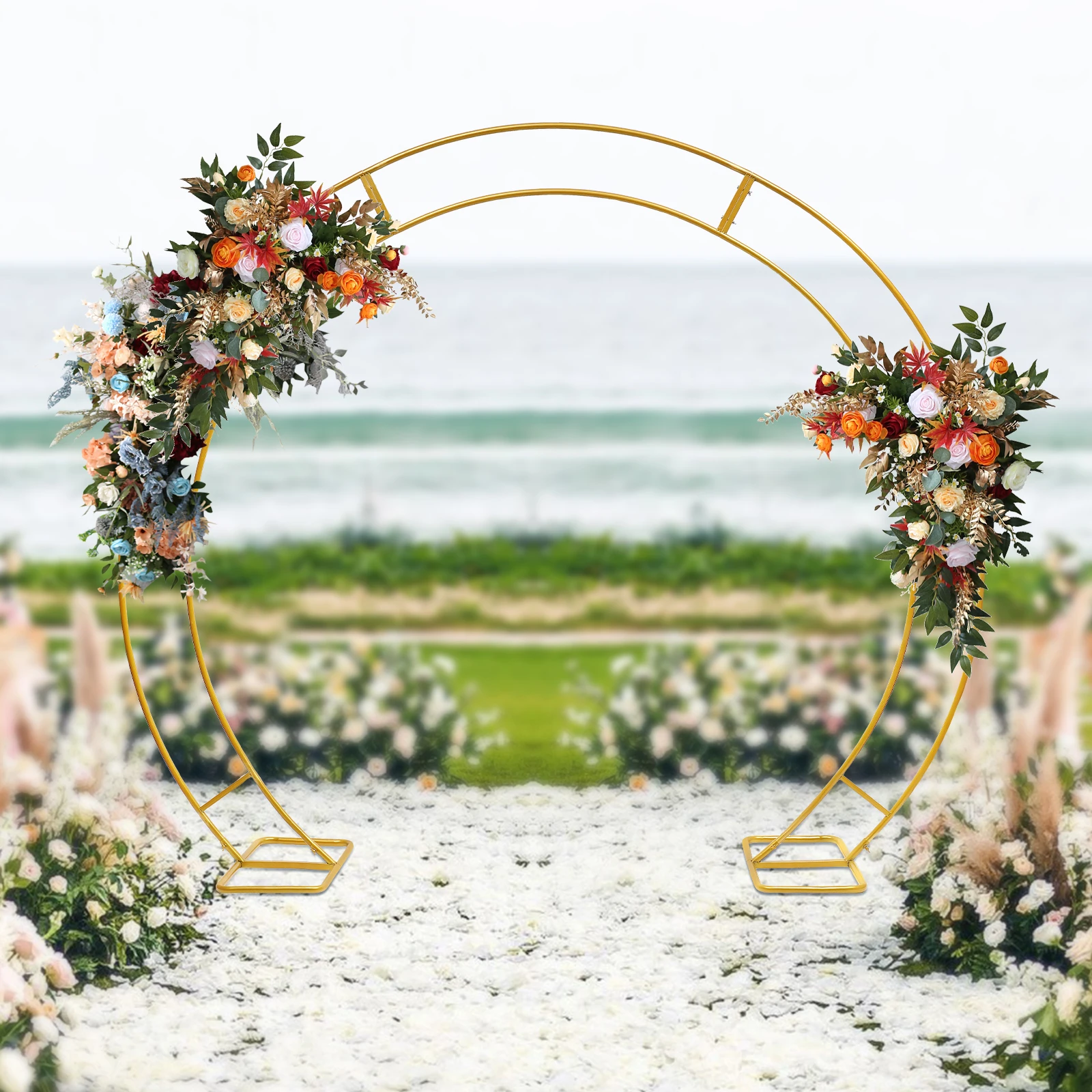 

2.6x2.2m Metal Double Circle Stand Arch with Rectangular Base for Garden, Wedding, Party Decoration