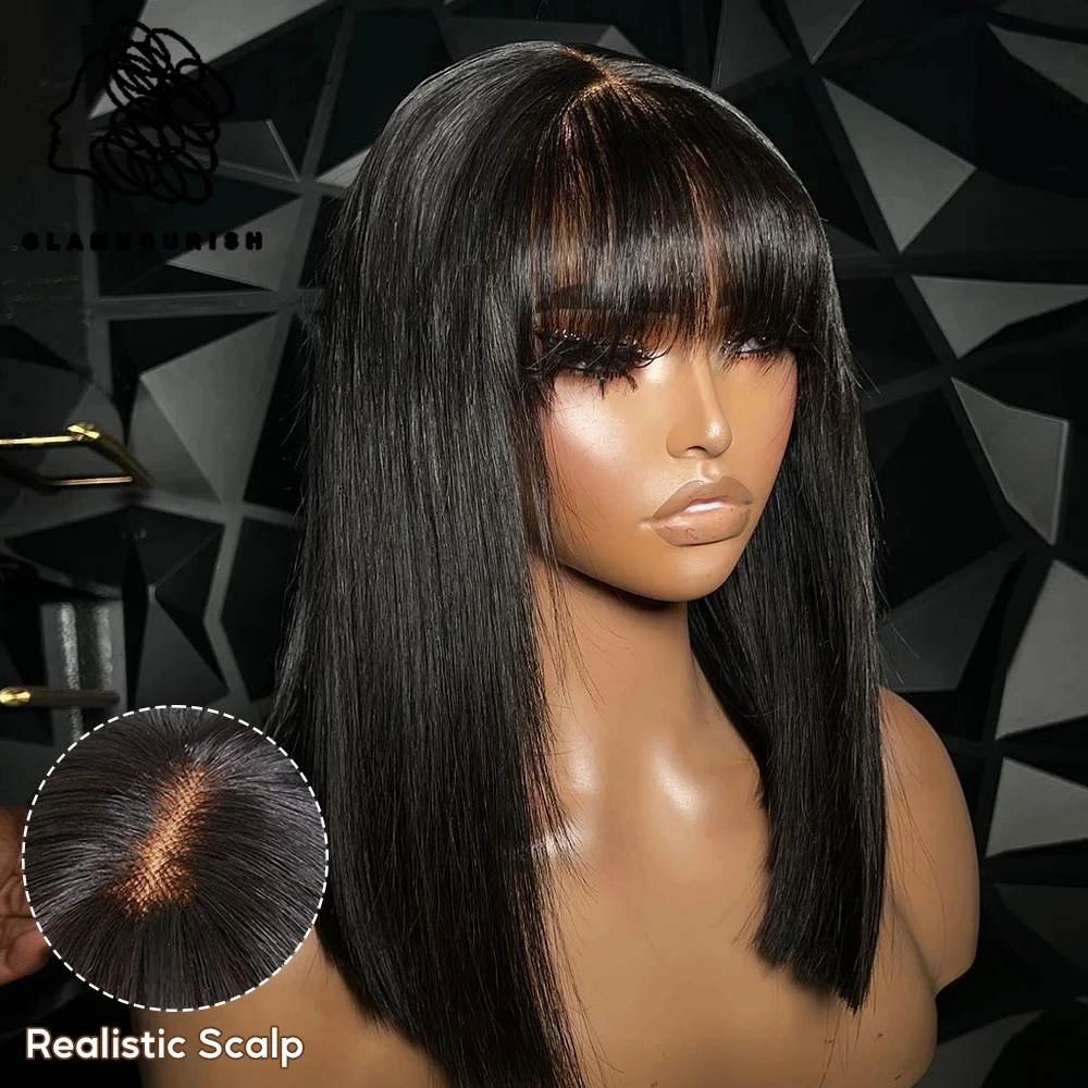 Bone Straight Human Hair Wigs With Bangs Glueless Wear And Go 3x1 HD Lace Closure Wig 30 Inch Full Machine Made Fringe Bob Wigs