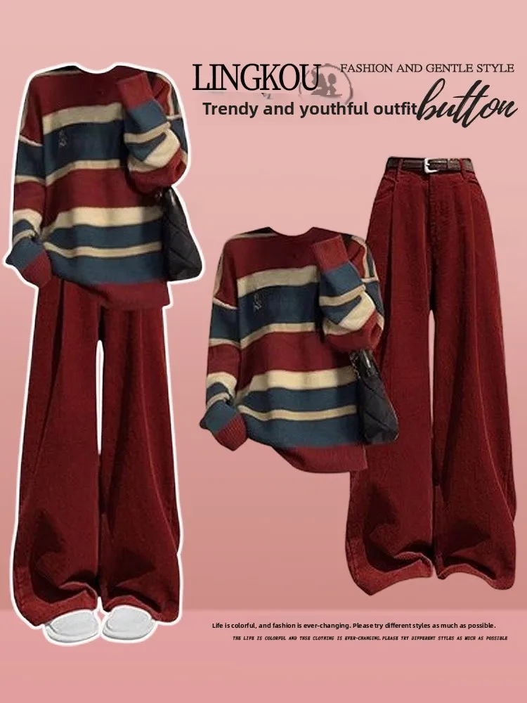 

Women's Christmas New Year Casual Outfit Spring Autumn Striped Knitted Sweater Red Leisure Pants Two Piece Set Long Sleeve ro...