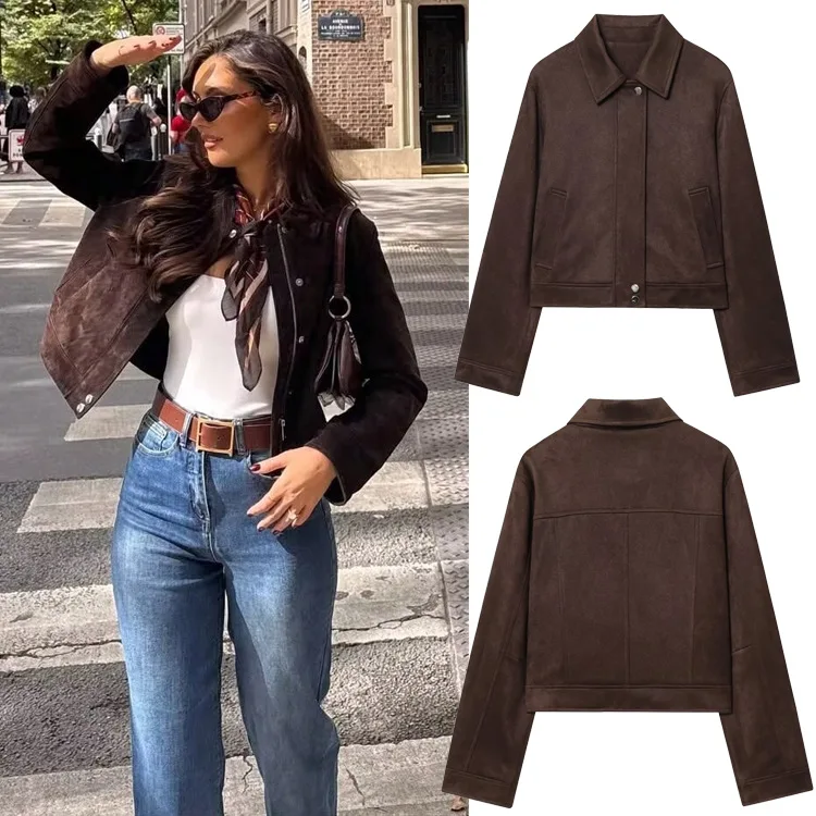 Dark Brown Cropped Jacket Lapel Collar Metal Snap Buttons Double Side Pockets Long Sleeve Vintage Casual Streetwear Outerwear