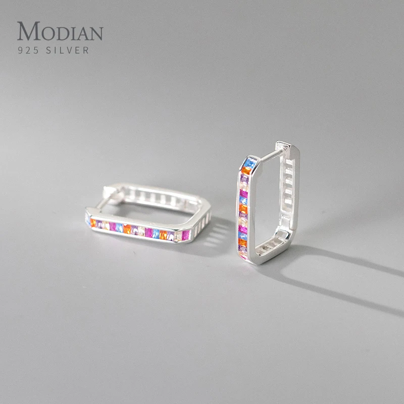 

Modian 925 Sterling Silver Rainbow Color Zirconia Hoop Earrings Rectangle Trendy Party Earring For Women Wedding Fine Jewelry