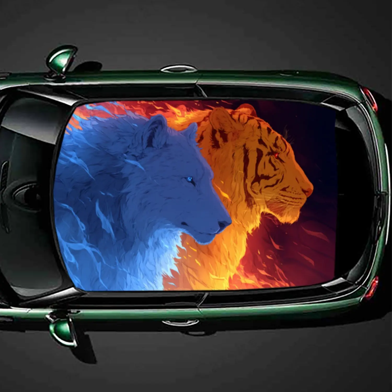 

Виниловая наклейка на крышу автомобиля Ice & Fire Wolf & Tiger, автонаклейка, художественное украшение автомобиля, самоклеящаяся водонепроницаемая наклейка для автомобилей