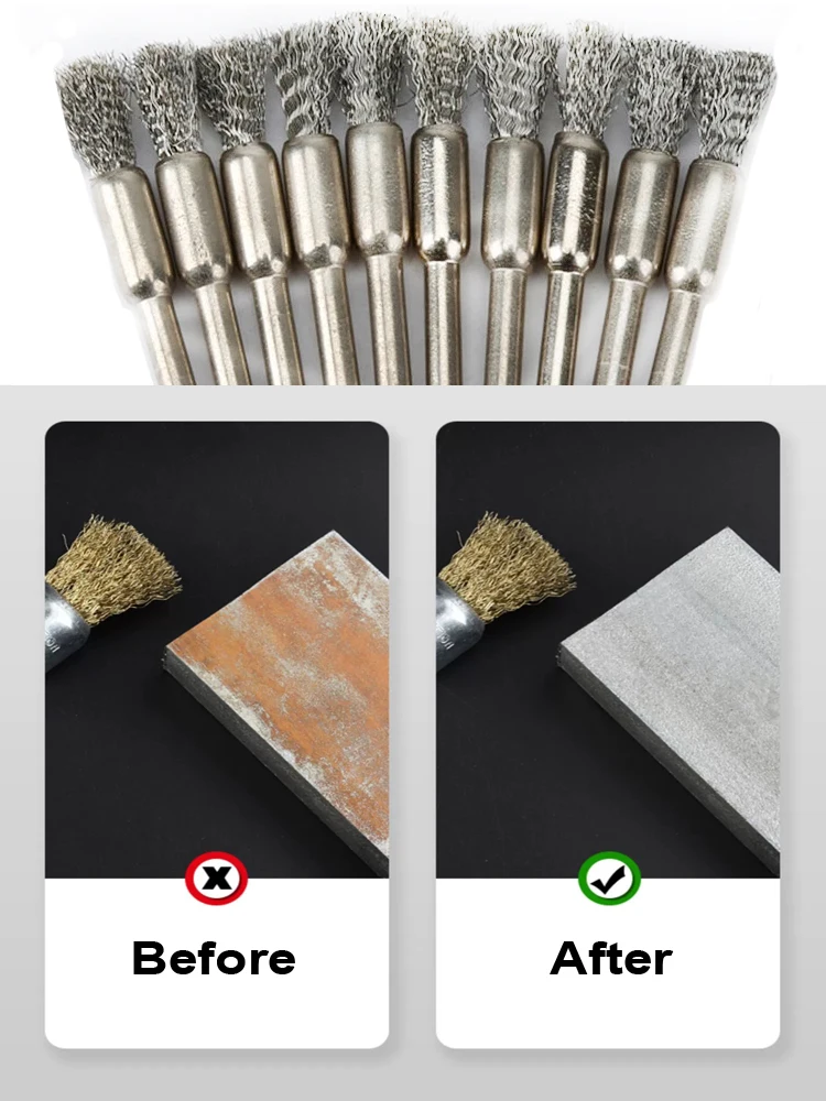 10 Stück 3*5/8mm Mini-Draht end bürste Stahl/Messing/Borste für Dremel 1/8 "Schaft Stift form Rotations werkzeug Zubehör Schlacke Fleck Rost Staub – Detail 7