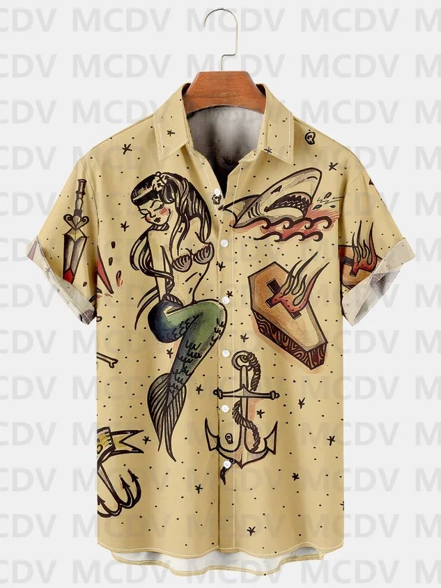 

Men's Hawaiian Shirts Mermaid Ocean Element Retro Print Casual Breathable Short Sleeve Shirt