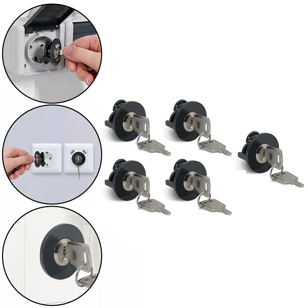 Fechadura de soquete com chave para bloquear tomadas elétricas, 5 peças para evitar roubo de energia e acesso ao filho, design anti-quebra de liga de zinco