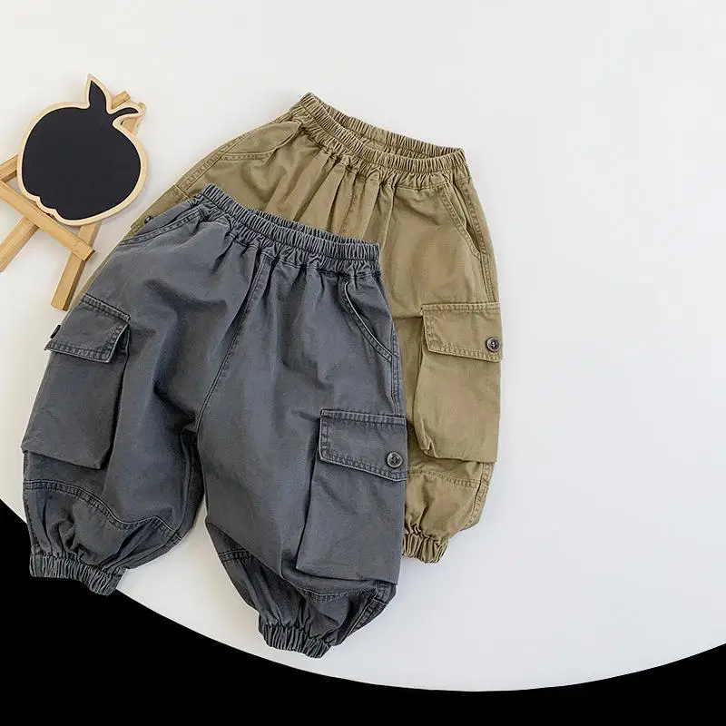 

Autumn New Children Cargo Pants Girls Solid Casual Pants Baby Boys Versatile Loose Trousers Toddler Cotton Pocket Kids Clothes