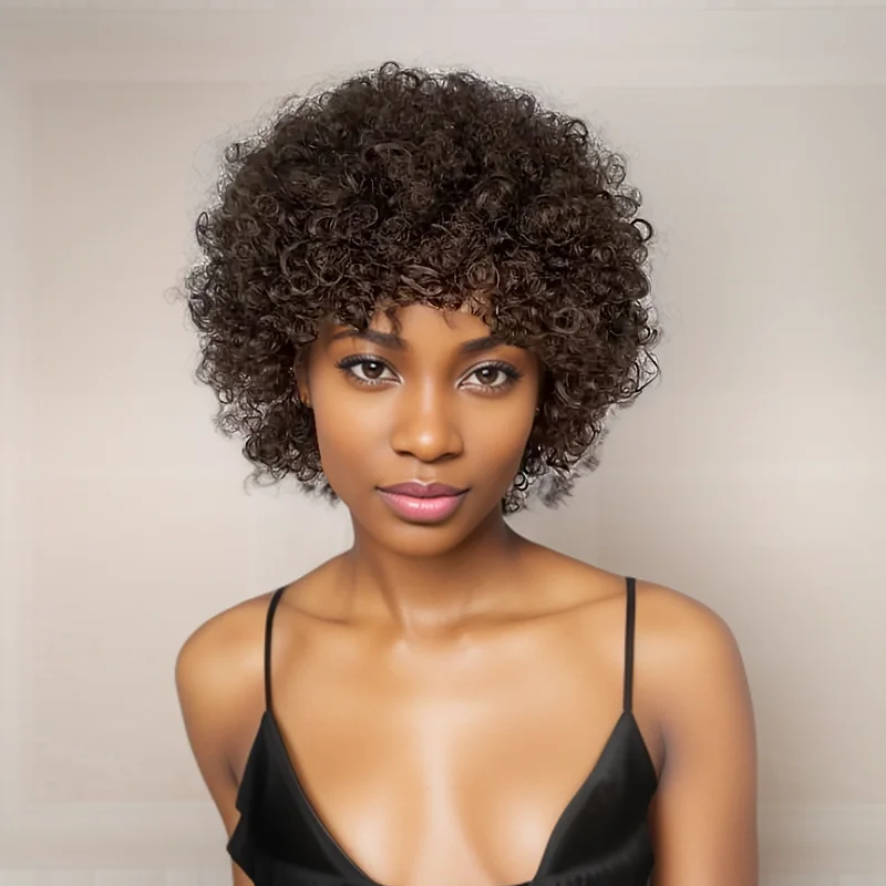 

Afro Curly Bob Pixie Short Human Hair Wigs With Bangs For Women Brazilian Remy Hair Wear and Go Natural Brown Kinky Curly Wigs