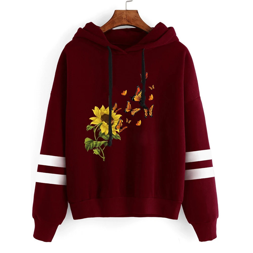 Nuove donne felpe con cappuccio girasole farfalla stampata top Casual Harajuku felpe moda Pullover sciolto