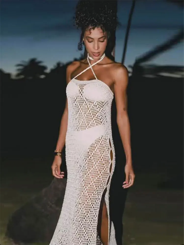 Sexy Knit Halter Fringed Lace-up Wrap Slit Beach Maxi Dress Summer Swimsuit Cover Up 2025 Women's Chic Evening Party Outfit K114