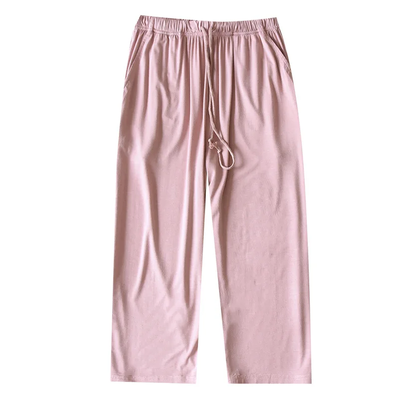 Women's Summer Solid Color Simple Modal Capris Pocket Drawstring Home Pants Elastic Waist Calf-Length Pants Lounge Wear