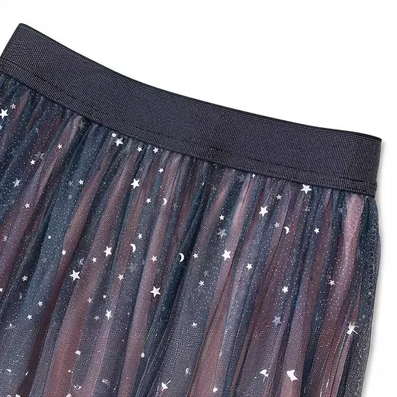 Mode Vrouwen Rok Ster Pailletten Kleurverloop Multi Gelaagde Mesh Tule Rok Hoge Taille Geplooide Mid Lengte Sterrenhemel Rok