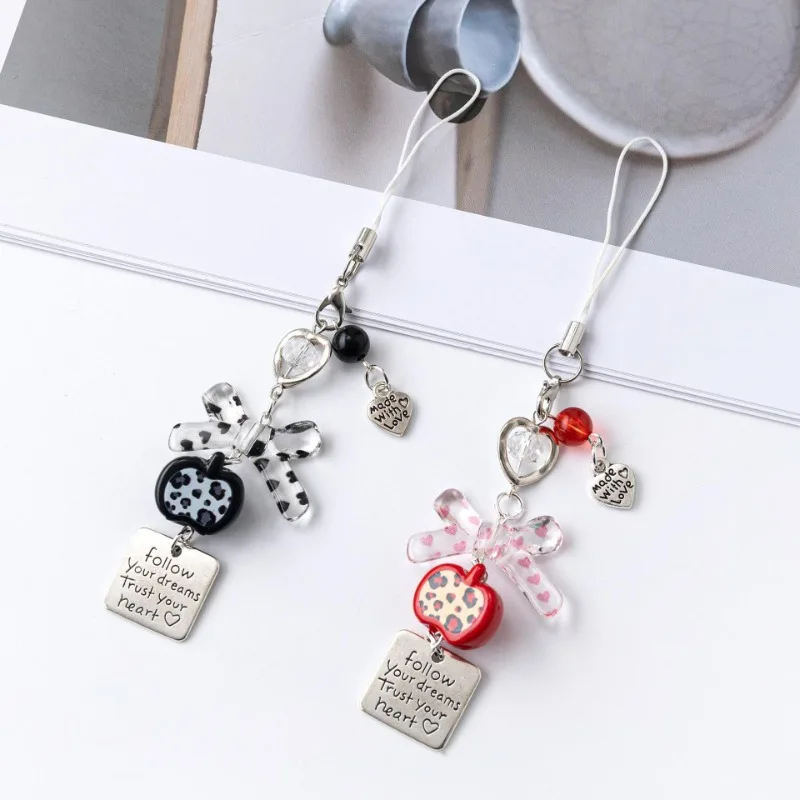 1 Piece Sweet Retro Japanese Bow Phone Charm Leopard Apple Bow Short Phone Strap Lanyard Camera Pendant Cute Phone Accessories
