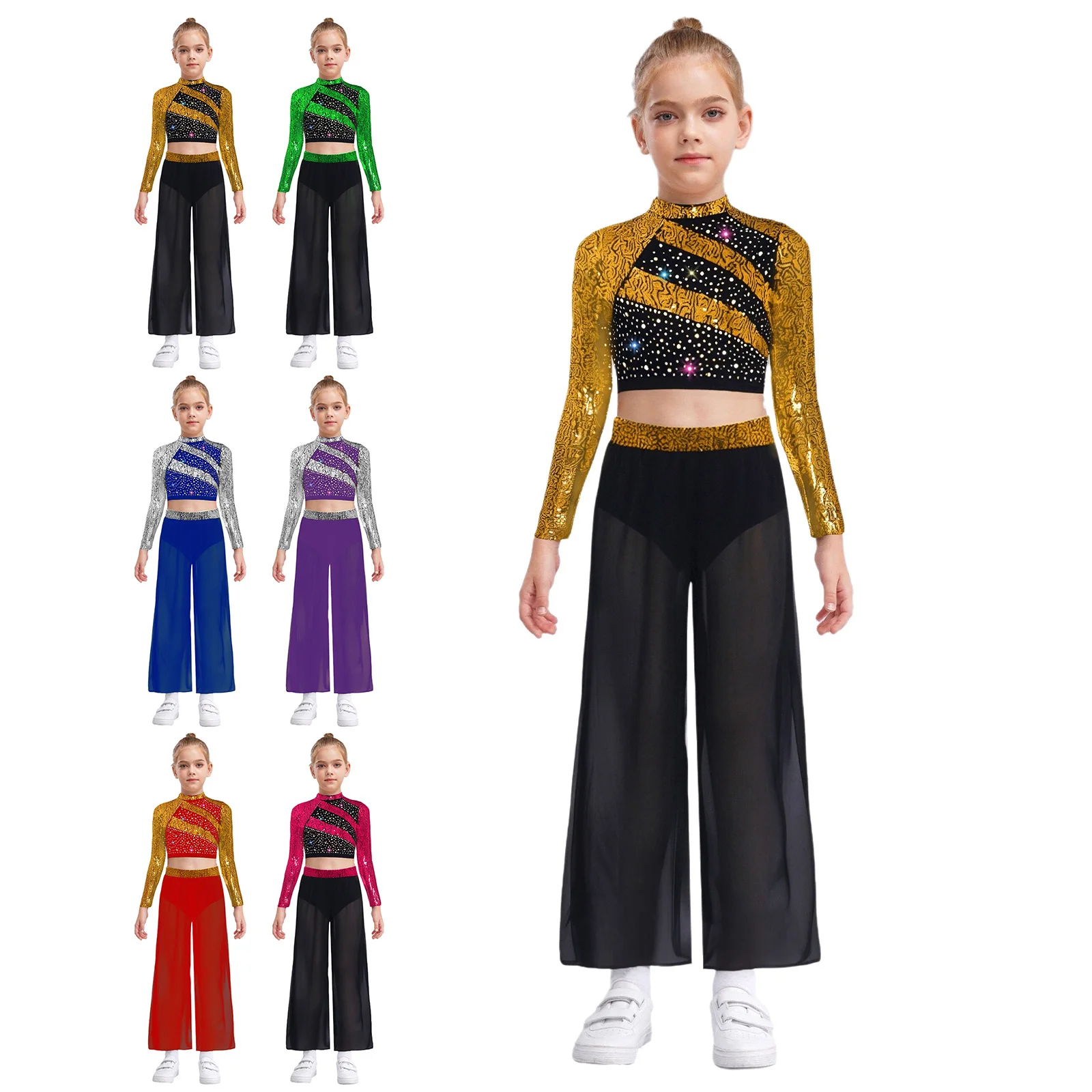 Haut court de danse Jazz moderne pour filles, 2 pièces, avec superposition, jambes larges, pantalon fendu sur le côté, tenues de spectacle de danseuse de Ballet lyrique