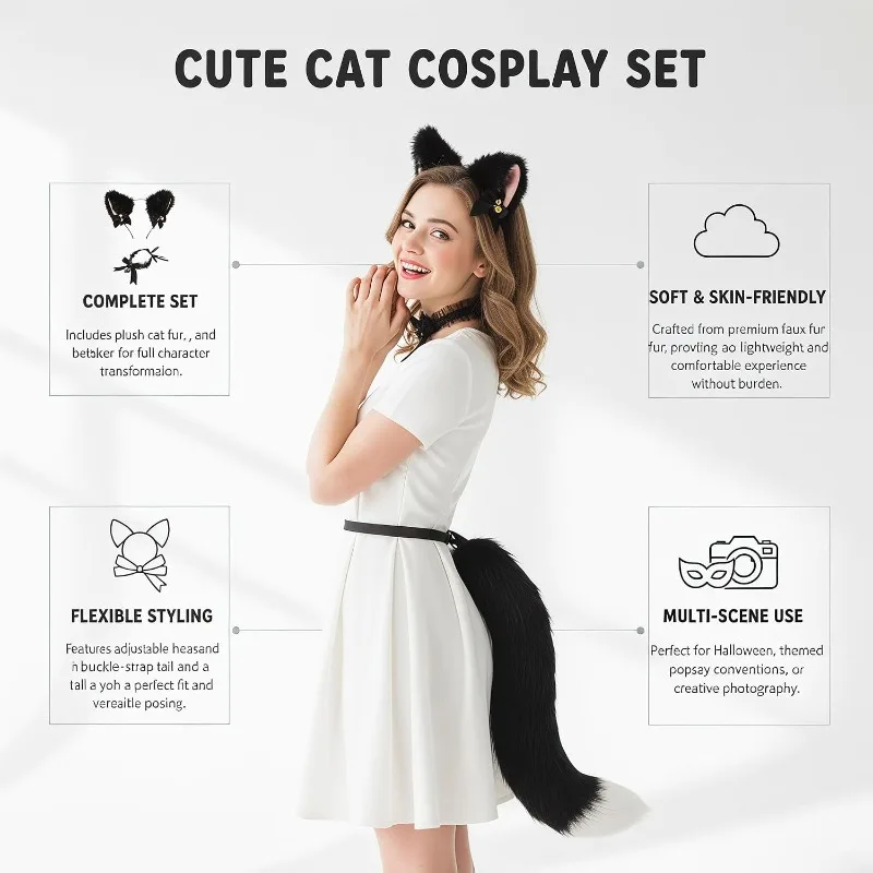 3PCS/SET Cat Ears and Tail Set - Plush Fox Ear Headband with Lace Choker for Cosplay Costume Halloween Party Accessories