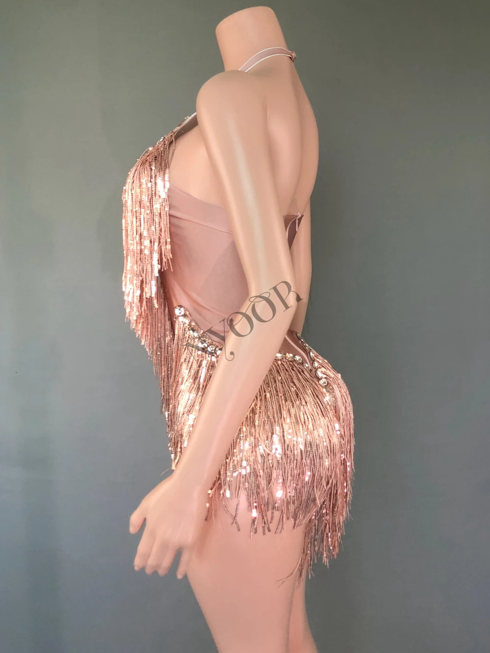 Leotardo Sexy con flecos y lentejuelas brillantes con diamantes de imitación, traje de baile de una pieza, ropa de escenario para espectáculo de bailarina