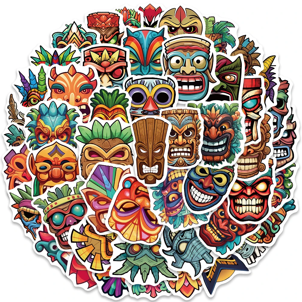 50pcs Funny Cartoon Indigenous Masks Stickers For Luggage Guitar Phone Diary Waterproof Graffiti Vinyl Laptop Decals