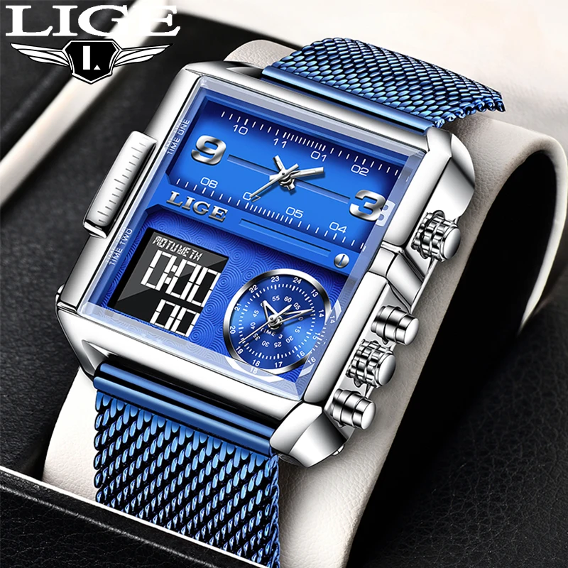 

New Watches LIGE Top Brand Luxury Quartz Mens Watch Waterproof Square Sport Military Wrist Watches Mesh Belt Date Reloj Hombre