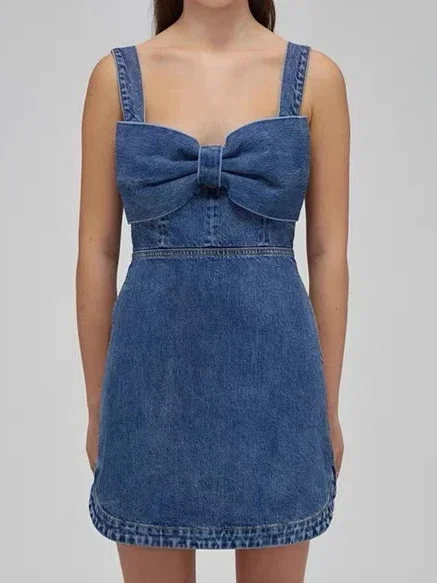 

2023 Summer Spring Top Quality Solid Denim Blue Front Bow Vintage Mini Tank Dresses Women