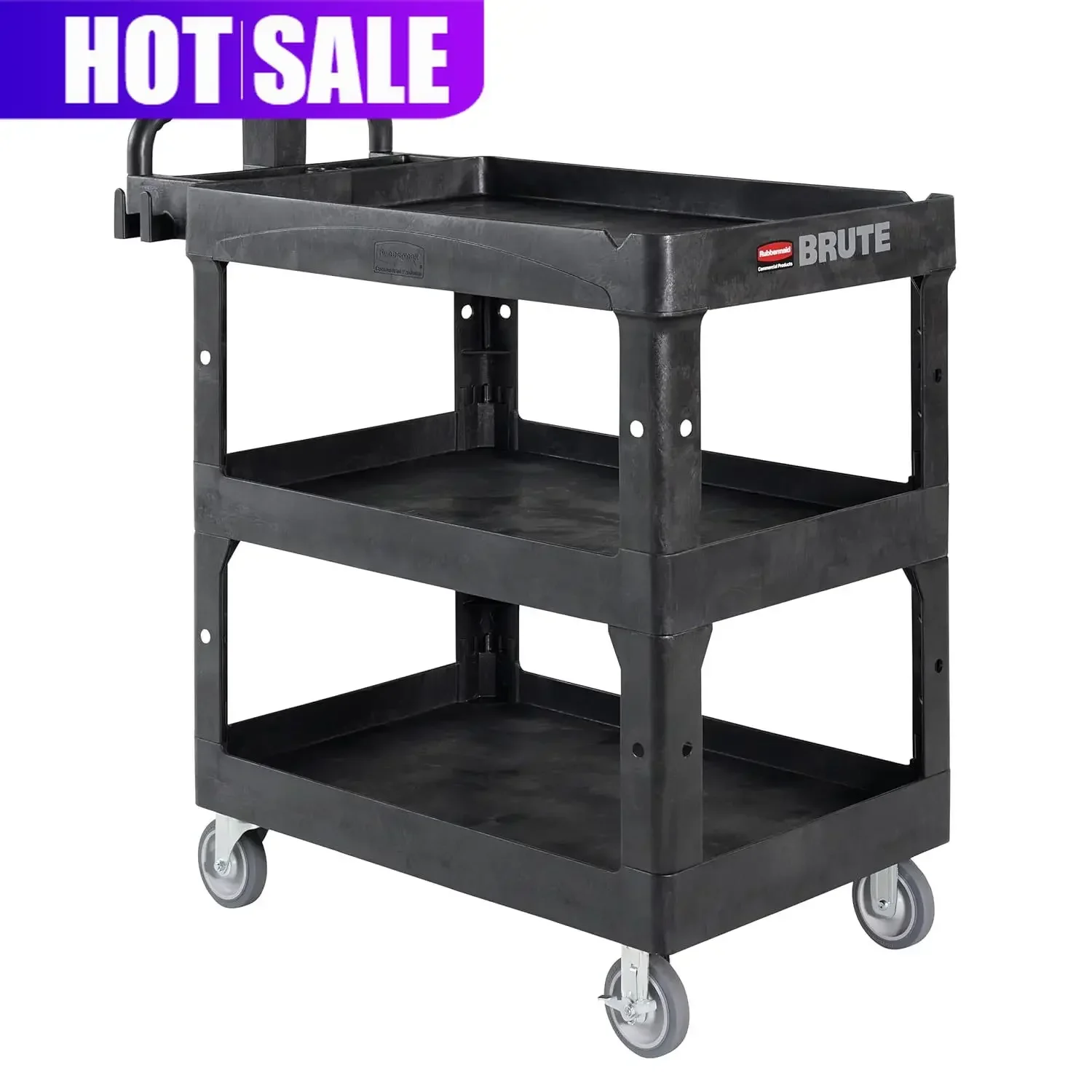 Heavy Duty Utility Service Cart Medium High Storage Lipped Shelves Ergonomic Handle 600 Pound Capacity For Warehouse Garage Clea