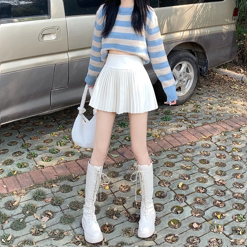 กระโปรงสั้นเอวสูงสีพื้นสไตล์หวานแบบครึ่งตัว สไตล์นักเรียน กระโปรงทรงเอแฟชั่นสีพื้น