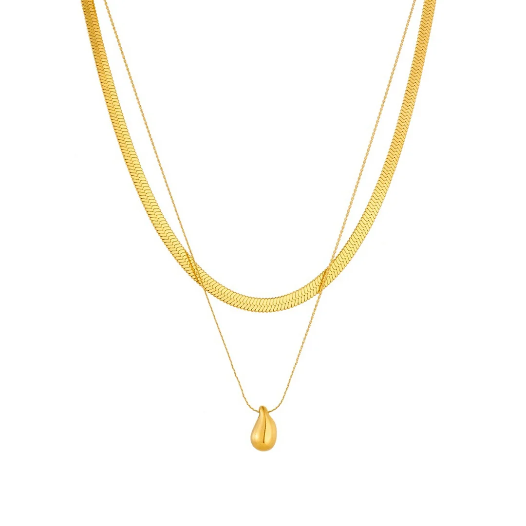 

Trendy Water Droplet Charm Pendant Female Gold Color Stainless Steel Double Layers Flat Snake Chain Necklace for Women Jewelry
