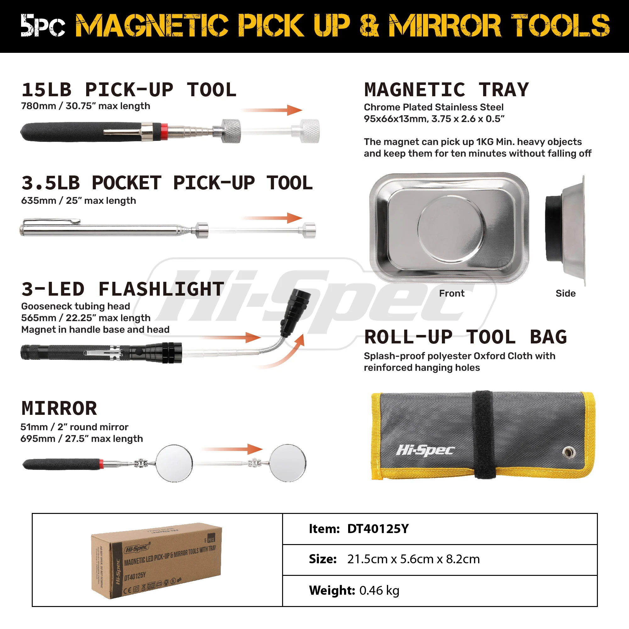 Hi-Spec 6pc Telescoping Pick Up Tool Kit, Magnetic Pickup Tool , Extendable Tool Kit with Led Light Inspection Mirror Tool Bag