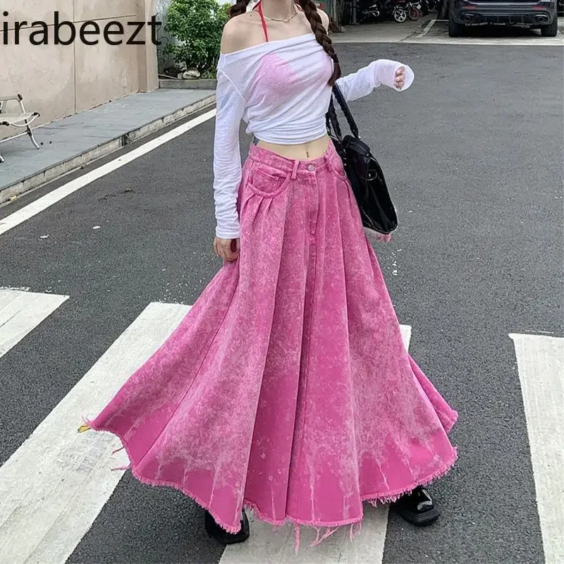 Irabeezt Pink Women's Skirt Dopamine Vintage Low Waist Slim A-shaped Half-length Pleated Denim Skirts Winter Female Clothing