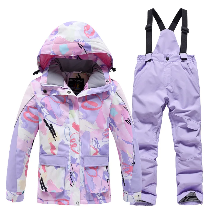 Colors Children's Snow Suit Wear Outdoor Waterproof Warm Costume Winter Snowboarding Jackets + Strap Pants Boys and Girls