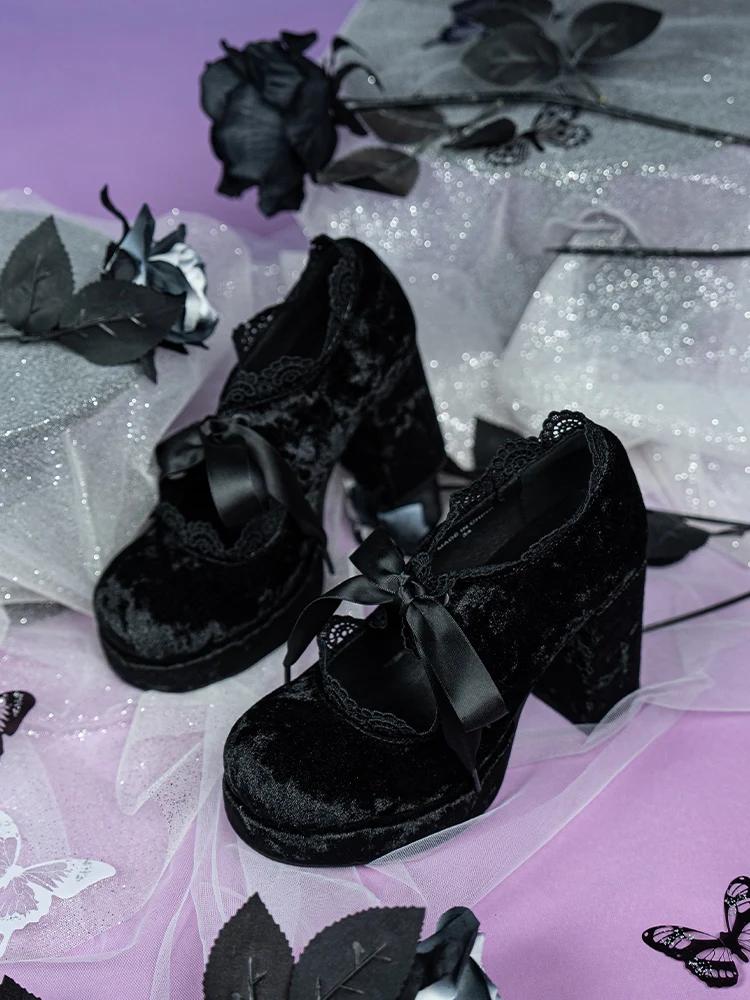

Gothic Style Velvet Single Shoes Mary Janes High Heels Lolita Thick Bottom Dollybae Fashionable round Toe Slip-On Women's Shoes