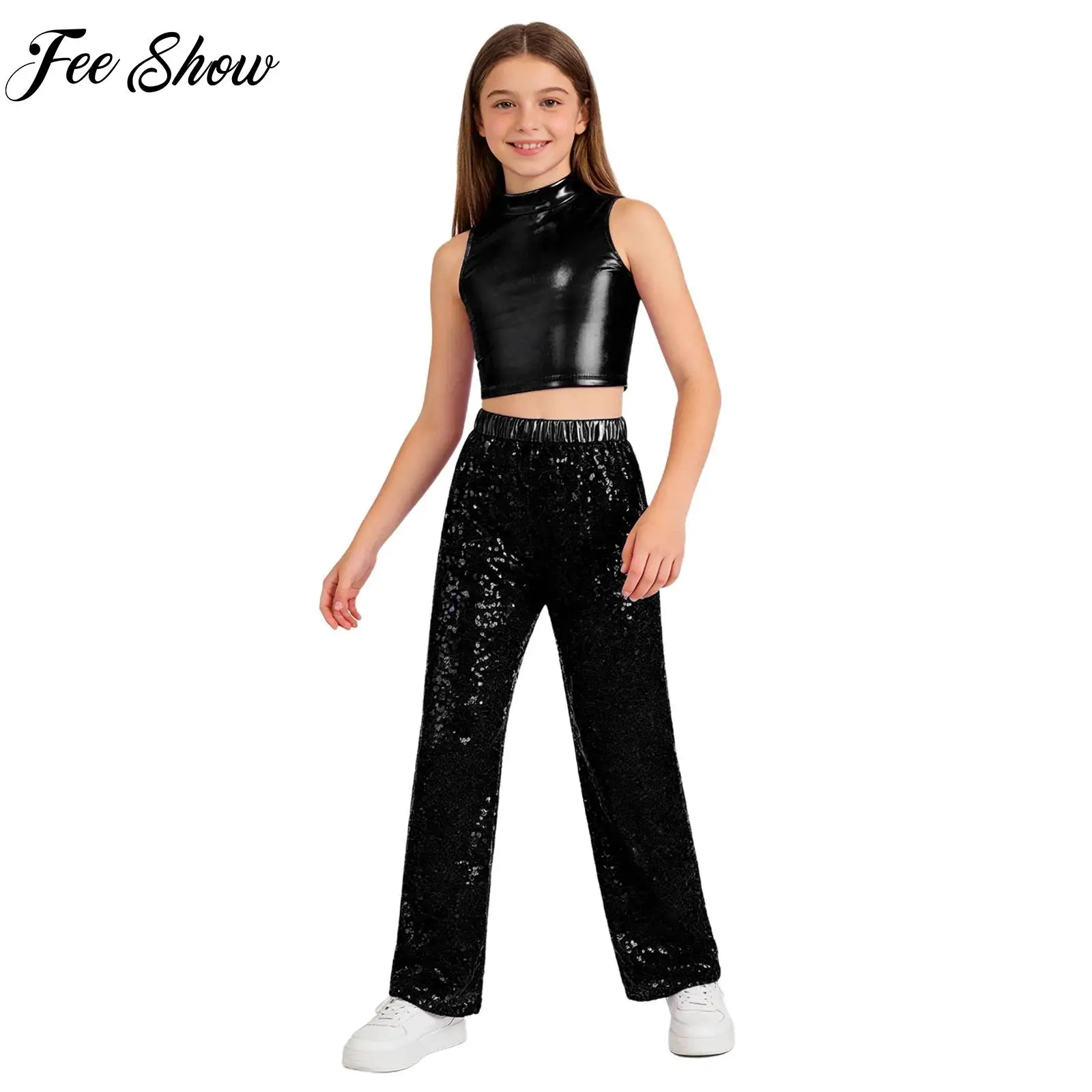 

Kids Girls Metallic Jazz Dance Wear Performance Outfit Sleeveless Crop Top with Sequin Pants Rhythmic Modern Dance Stage Costume