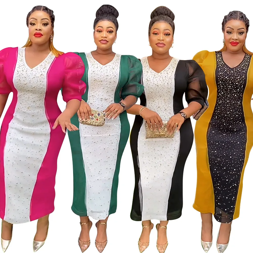 

Women African Dresses Puff Sleeve V Neck Party Dress Diamonds Vestidos Traditional Dubai Wrap Buttocks Slim Fit Kanga Sheath