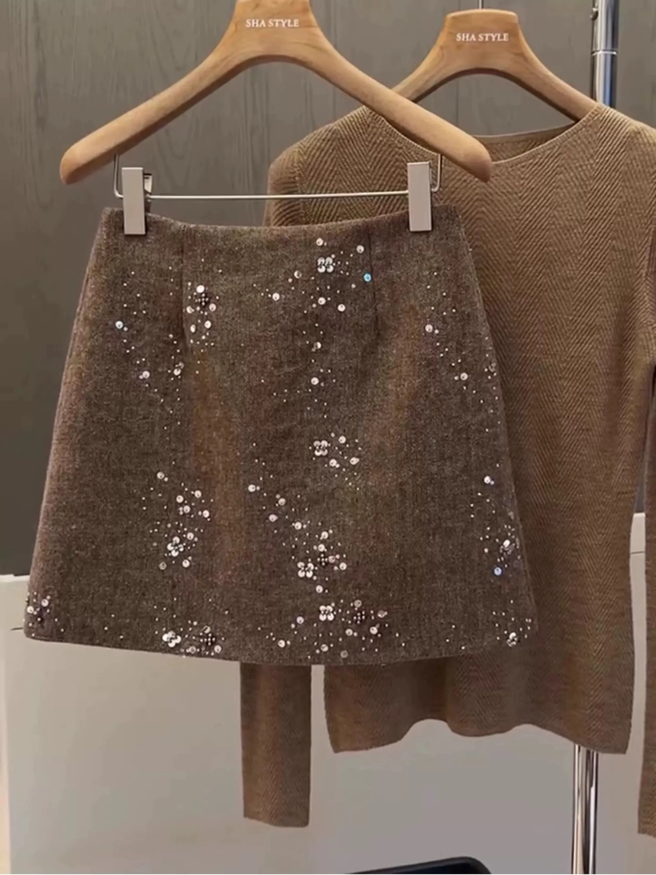 Fashionable High Waist A-Line  Skirt Sequin Design Korean Style Women's Premium Feeling Half Skirt Slimming Effect