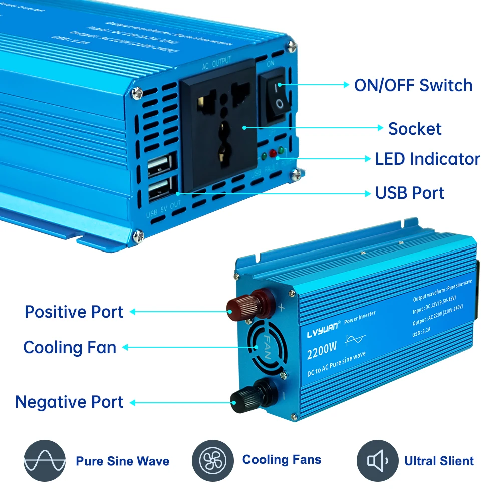 Pure Sine Wave Inverter DC 12V AC 220V Car Power Converter 1500W 2600W Power outage exclusive inverter