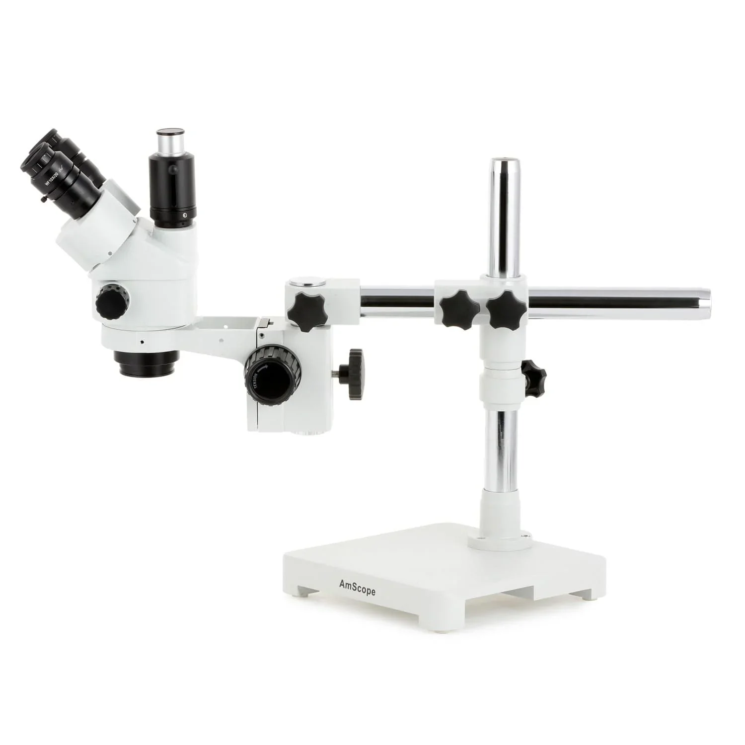 AmScope Simul-Focal Lockable Zoom Trinocular Stereo Microscope 7X-45X Magnification on Single Arm Boom Stand or in black